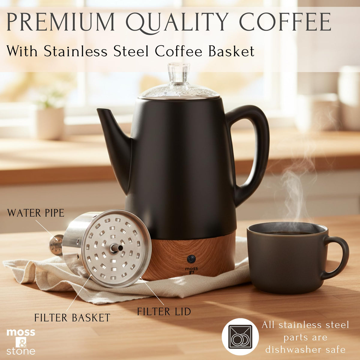Moss & Stone pour spout design for smooth, drip-free serving.