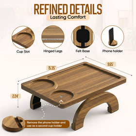 Close-up of MOTOVATEC acacia wood arm tray showing warm grain and sturdy build.