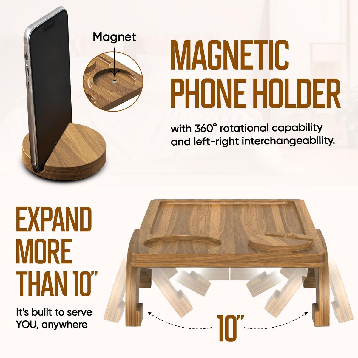 MOTOVATEC arm tray with 360-degree phone holder for hands-free viewing.