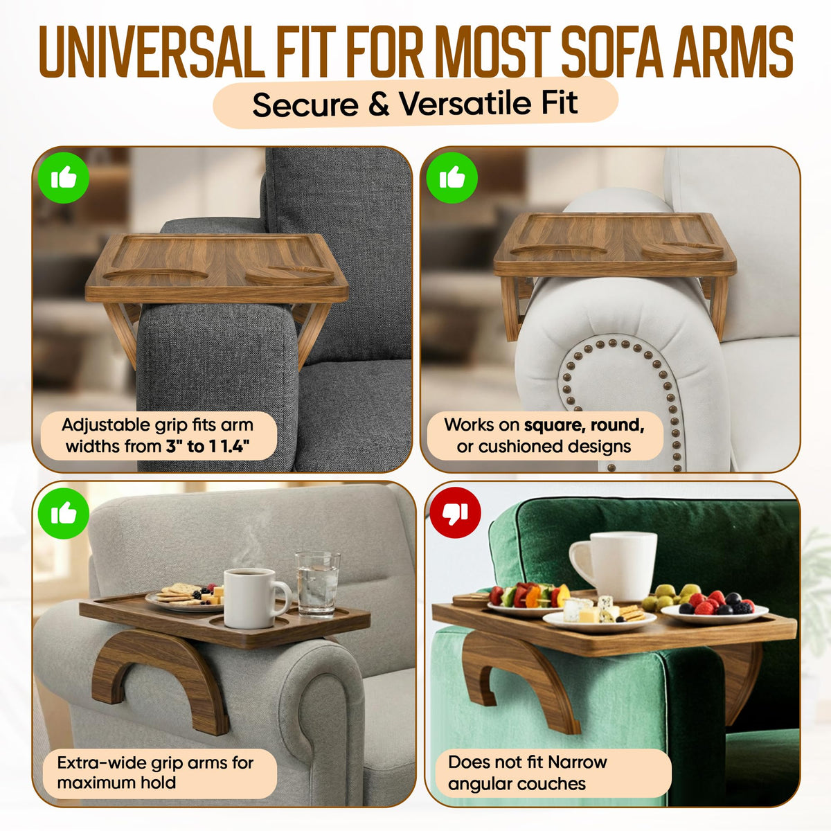 MOTOVATEC foldable tray used for snacks and coffee on a sofa arm.