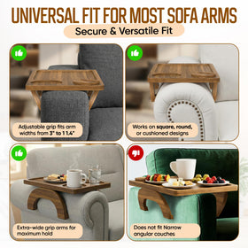 MOTOVATEC foldable tray used for snacks and coffee on a sofa arm.