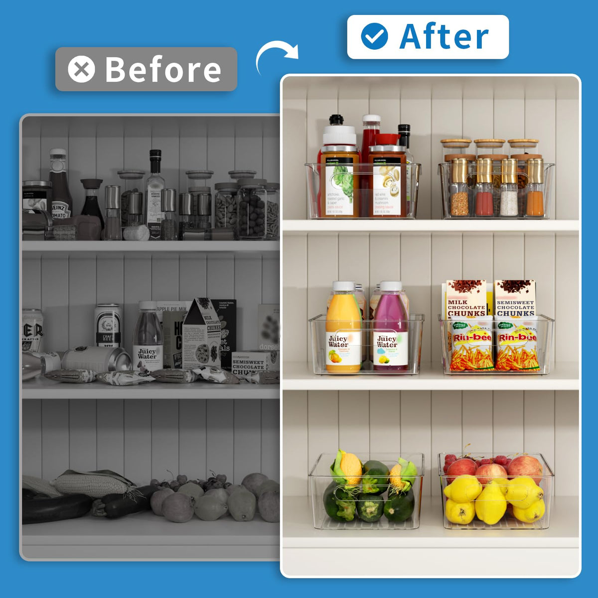 Mpotmiy fridge storage baskets organize snacks and drinks neatly.