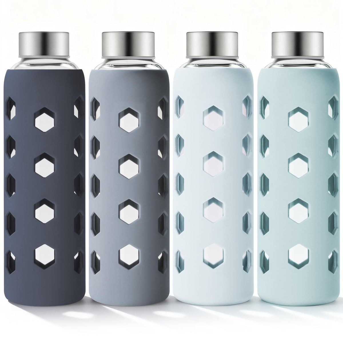 Mrsdry glass juice bottle with silicone sleeve for secure grip and splash protection.