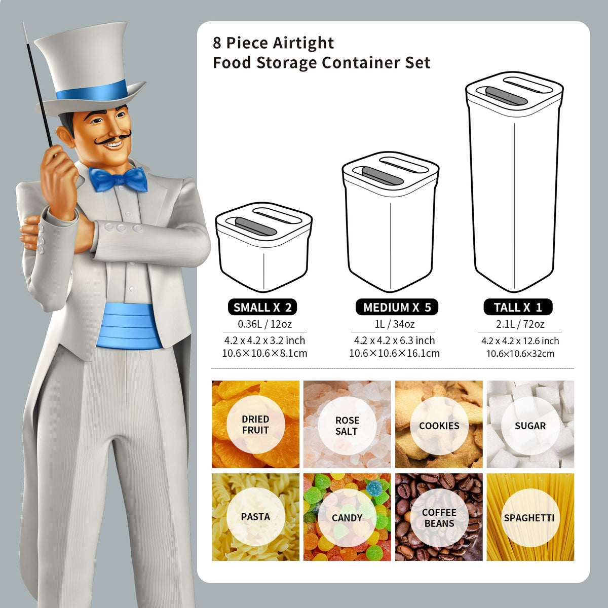 MR.SIGA 8-piece airtight set medium containers stackable for organized pantry.