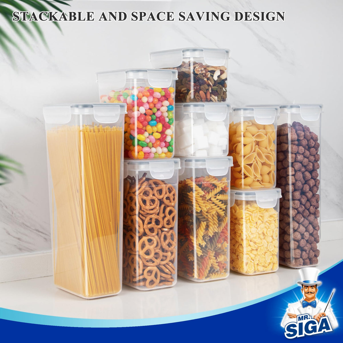 MR.SIGA kitchen scene showing organized cabinets and visible contents.