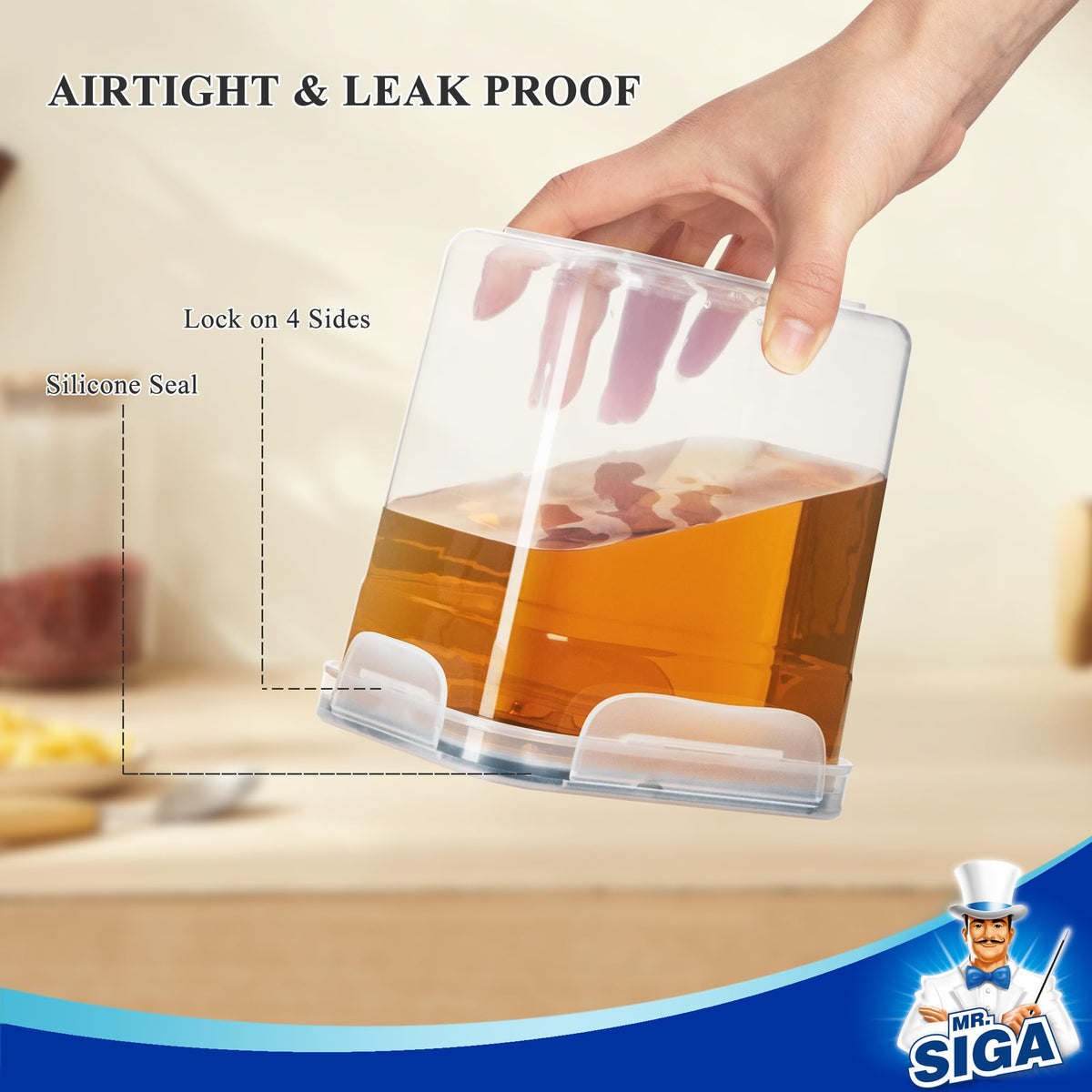 MR.SIGA snap-on lids shown for leak-proof, easy-access storage.
