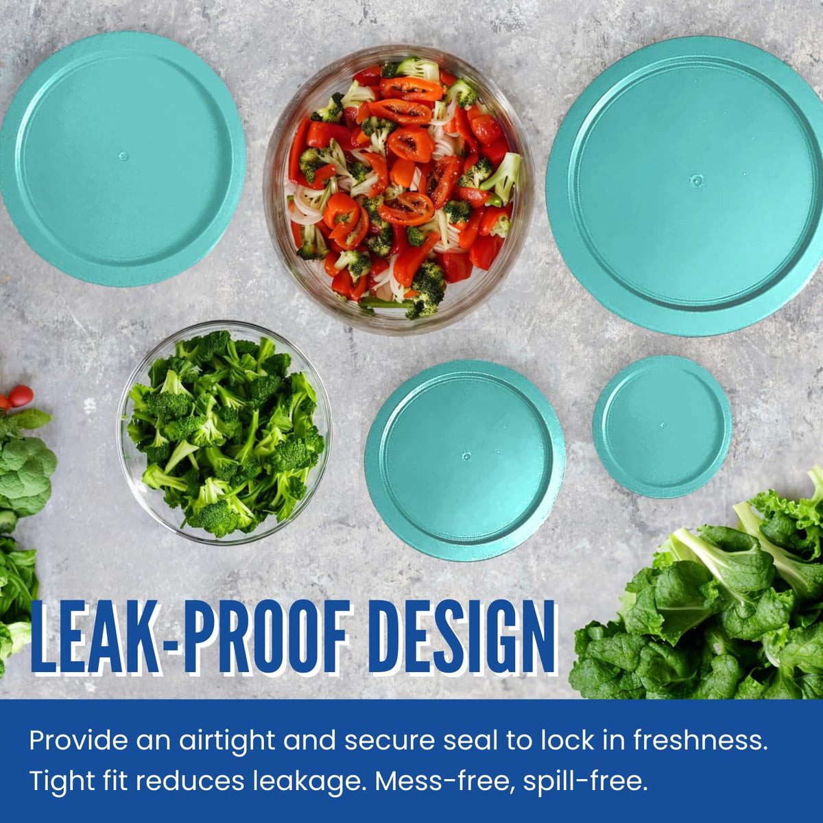 MRX Solutions turquoise Pyrex lid seals 4-cup glass containers to prevent leaks.