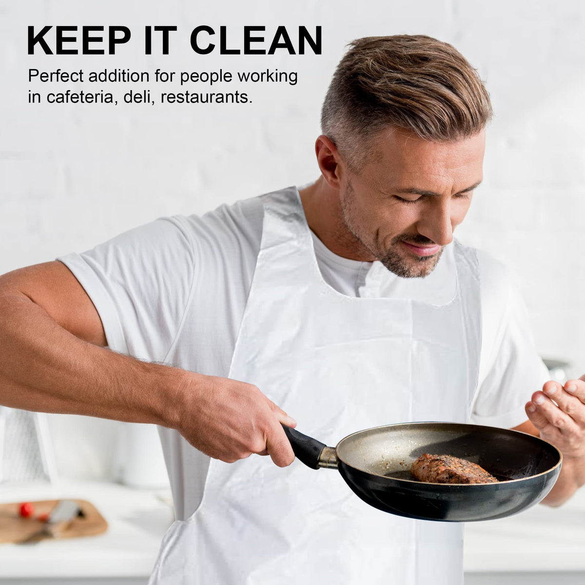 MT Products slip-on slip-off white apron for quick, comfortable wear