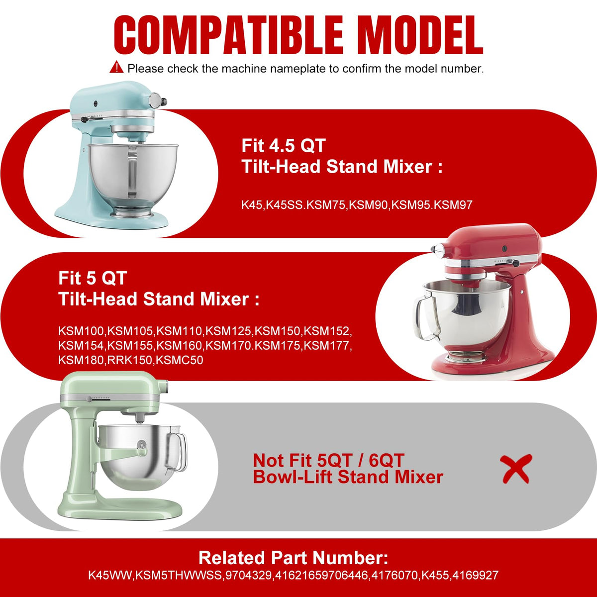 Mttobo 4.5–5Qt tilt-head compatibility with KitchenAid models for a secure whisk fit.