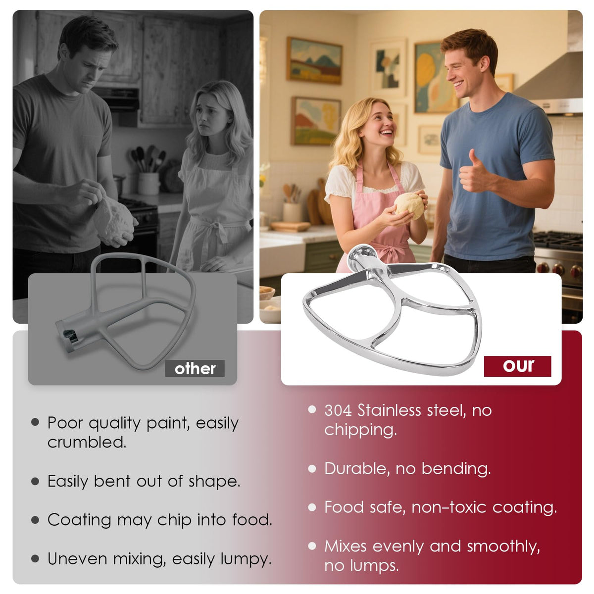 Mttobo stainless steel beater is dishwasher-safe for easy cleanup.