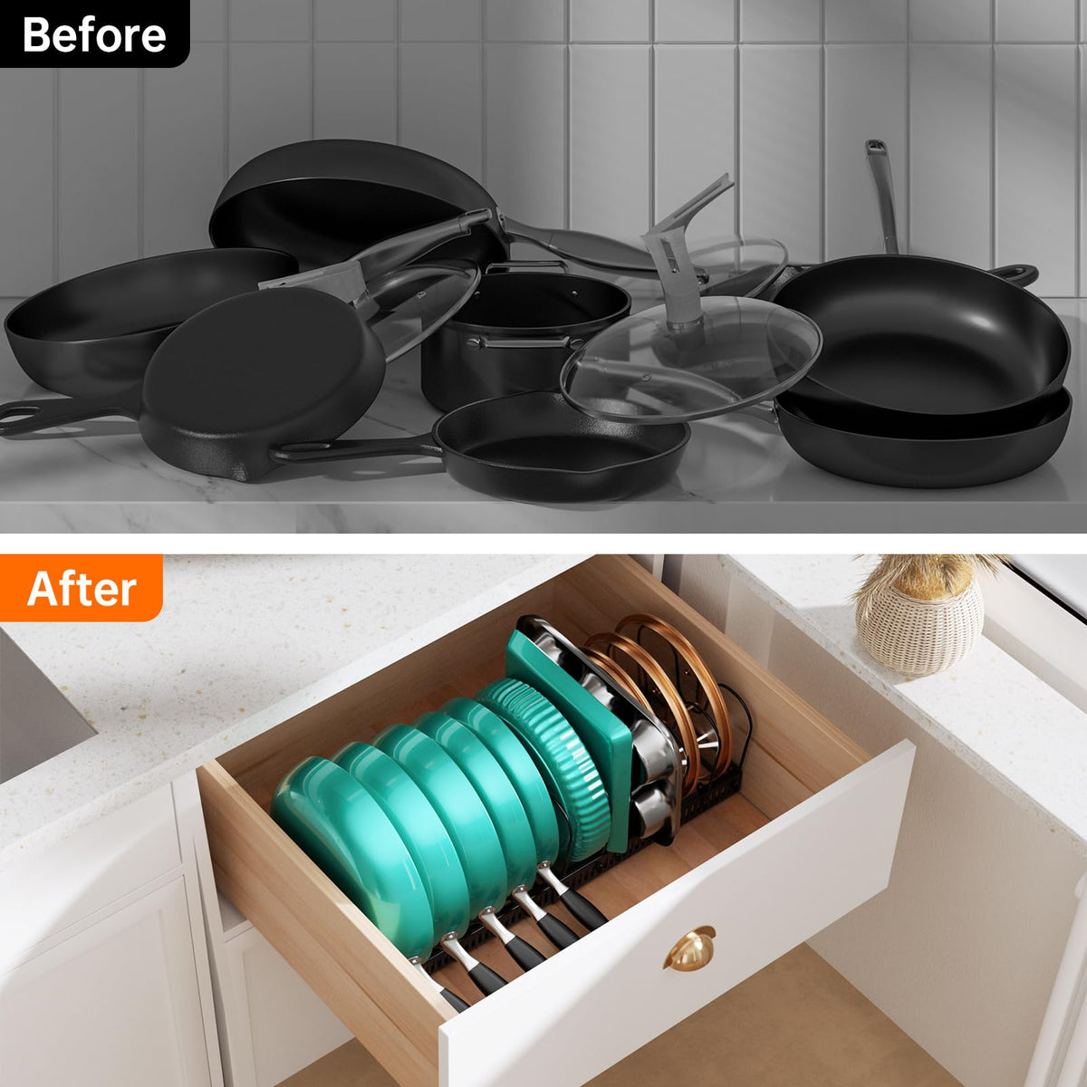 MUDEELA 12 adjustable dividers customize shelf for pots and pans.