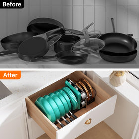MUDEELA 12 adjustable dividers customize shelf for pots and pans.