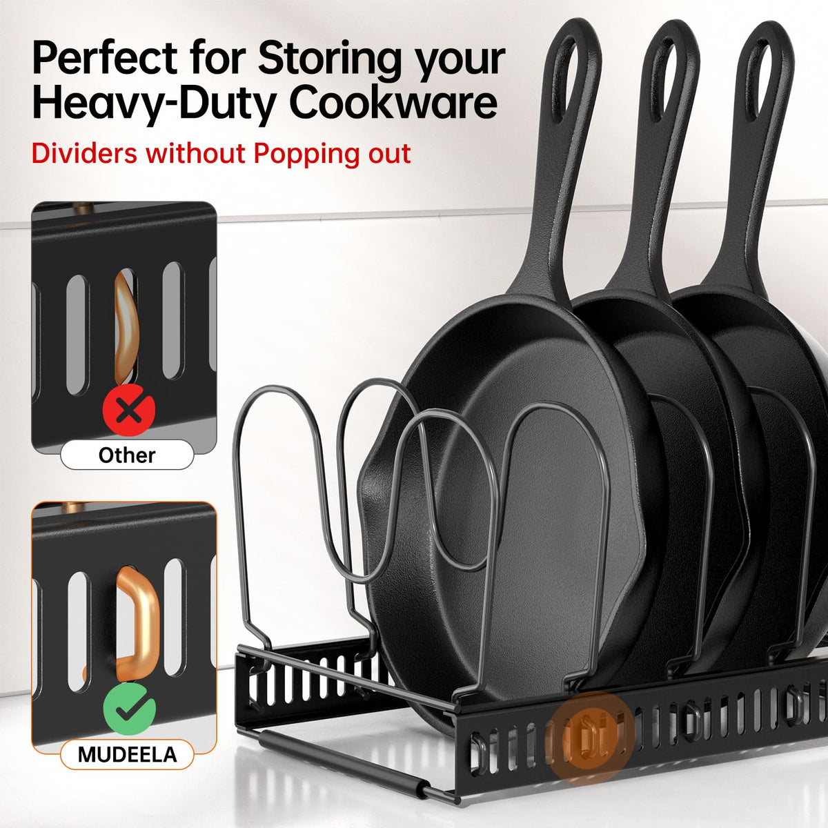 MUDEELA anti-scratch strips protect cookware surfaces during storage.