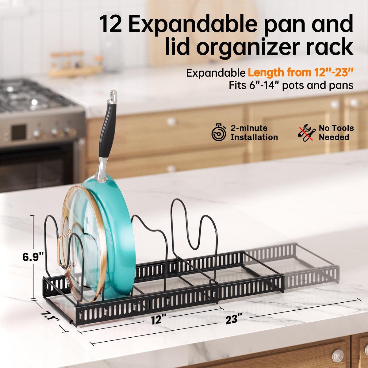 MUDEELA pot lid organizer expandable rack stores lids securely and saves space.