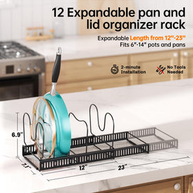 MUDEELA pot lid organizer expandable rack stores lids securely and saves space.