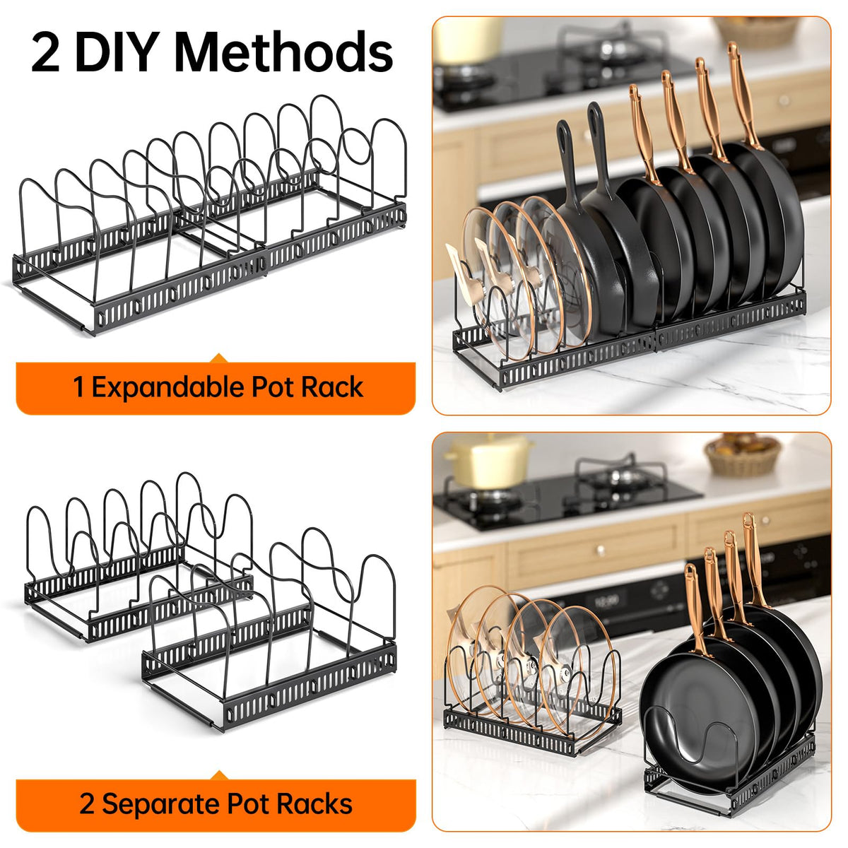 MUDEELA ten adjustable dividers customize lid and sheet storage for pots and pans.