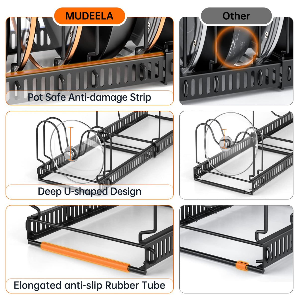 MUDEELA anti-slip tubing stabilizes the rack for secure storage.