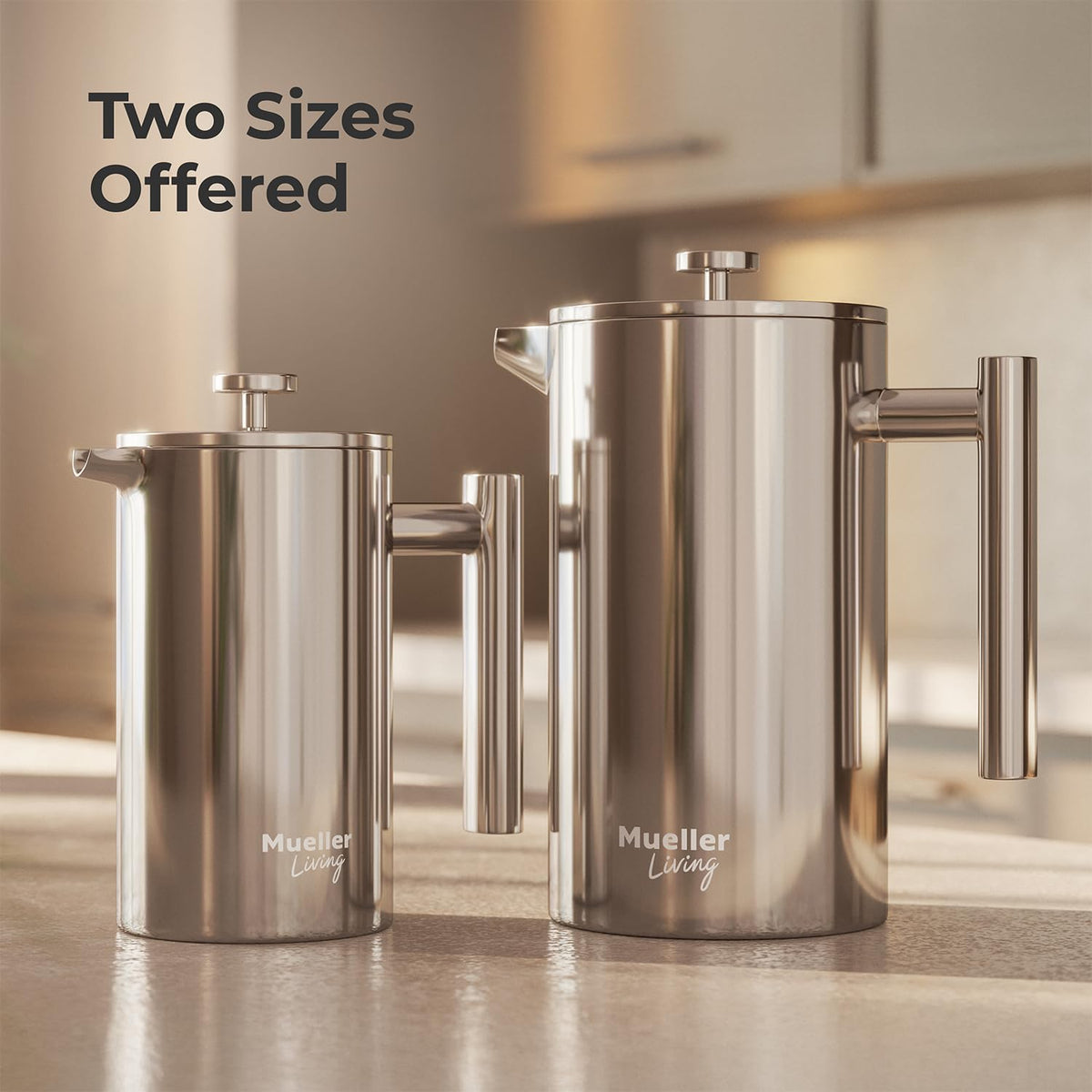 MuellerLiving pouring coffee into cup, smooth, spill-free pour.