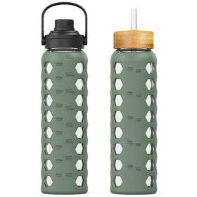 MUKOKO 32oz glass bottle with bamboo straw lid for easy, on-the-go sipping.