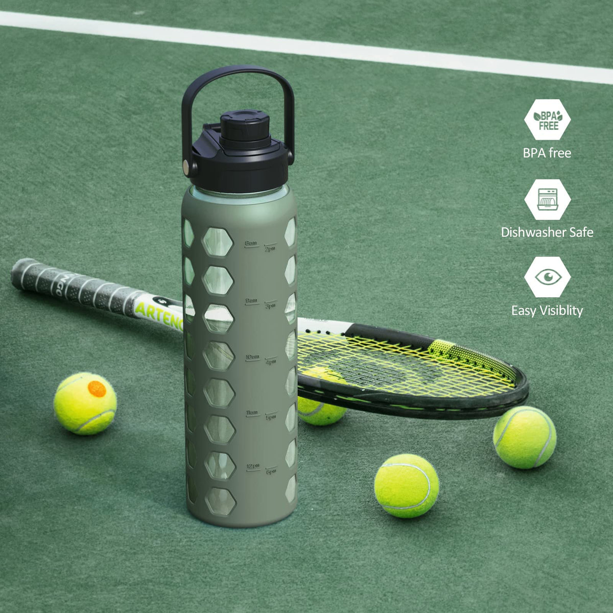 MUKOKO 32oz glass bottle designed for gym, outdoor, and travel convenience.
