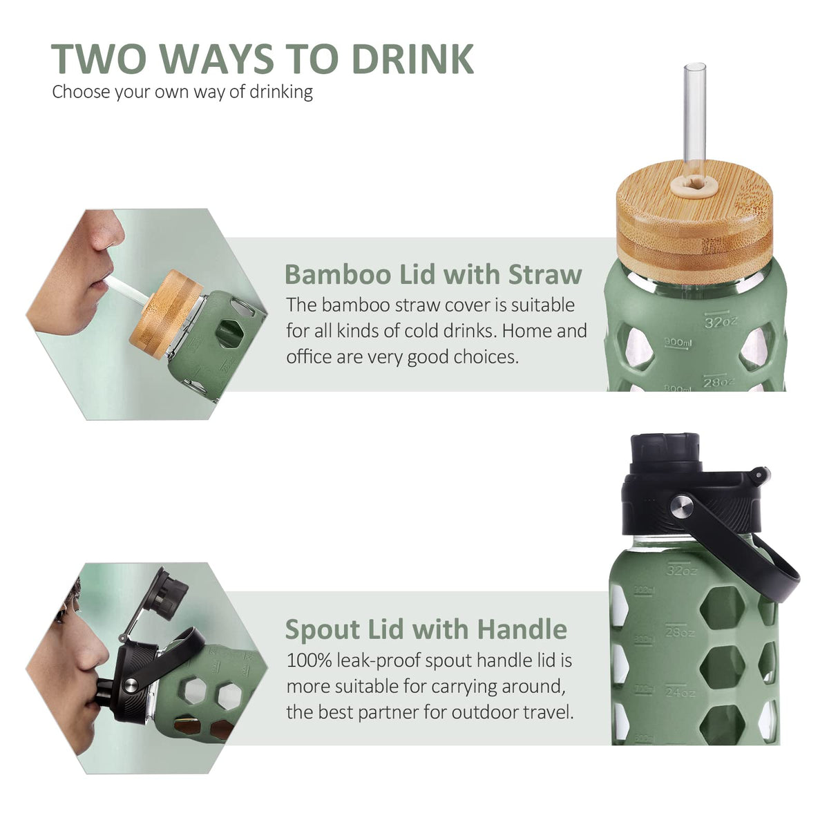 MUKOKO 32oz glass bottle with silicone sleeve for a secure, comfortable grip.