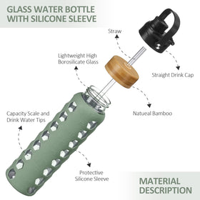MUKOKO 32oz glass bottle features a time marker to track daily intake.