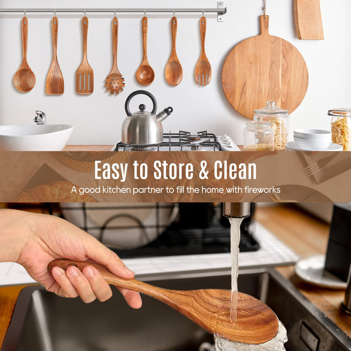 MULBOM wooden salad-spoons highlighting smooth finish for turning greens