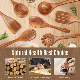 MULBOM wooden strainer-spoon demonstrates sturdy teak and efficient draining
