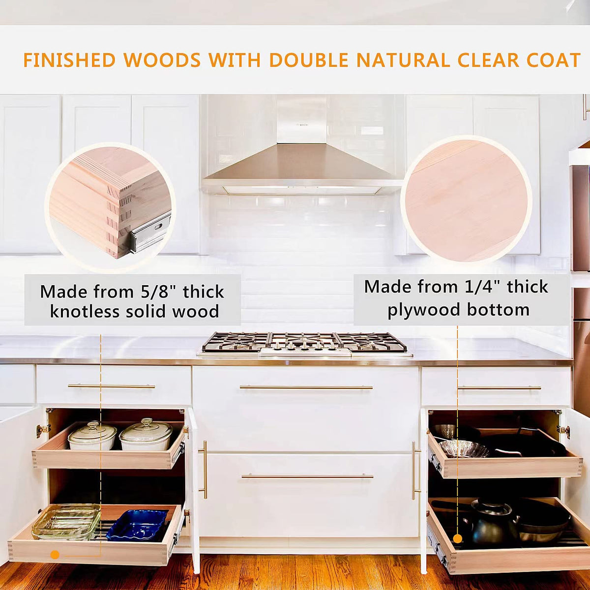 Mulush natural clear coat finish on solid wood shelves.