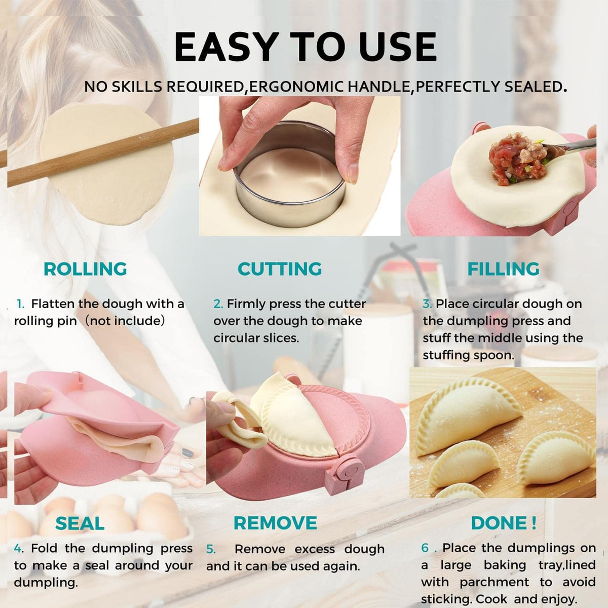 MUMSUNG tight-seal edge design shown sealing dumpling pockets.