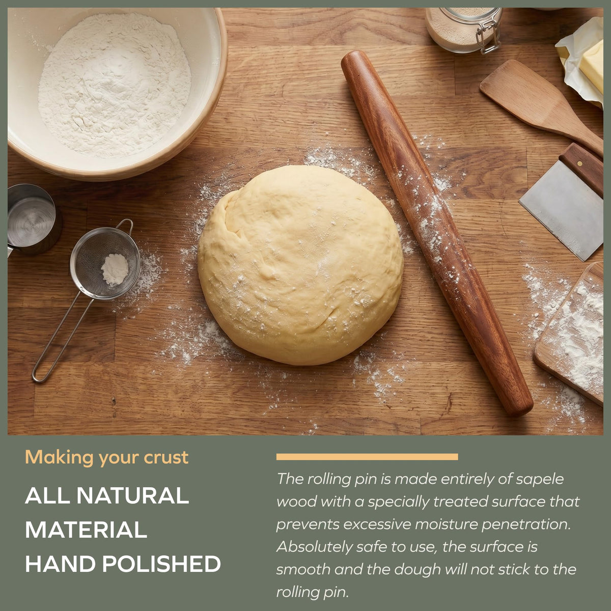 Muso Wood Sapele rolling pin with tapered ends for easy handling.