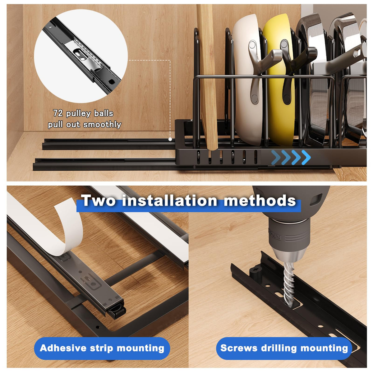Mustorn with 10 dividers organized for pots, pans, and lids.