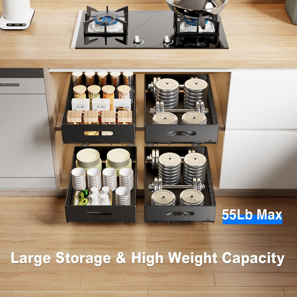 Mustorn pull-out cabinet organizer drawer slide system highlights smooth operation.