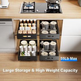 Mustorn pull-out cabinet organizer drawer slide system highlights smooth operation.