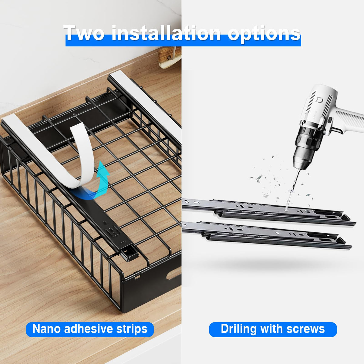 Mustorn pull-out drawer adhesive installation close-up demonstrates easy non-drill setup.