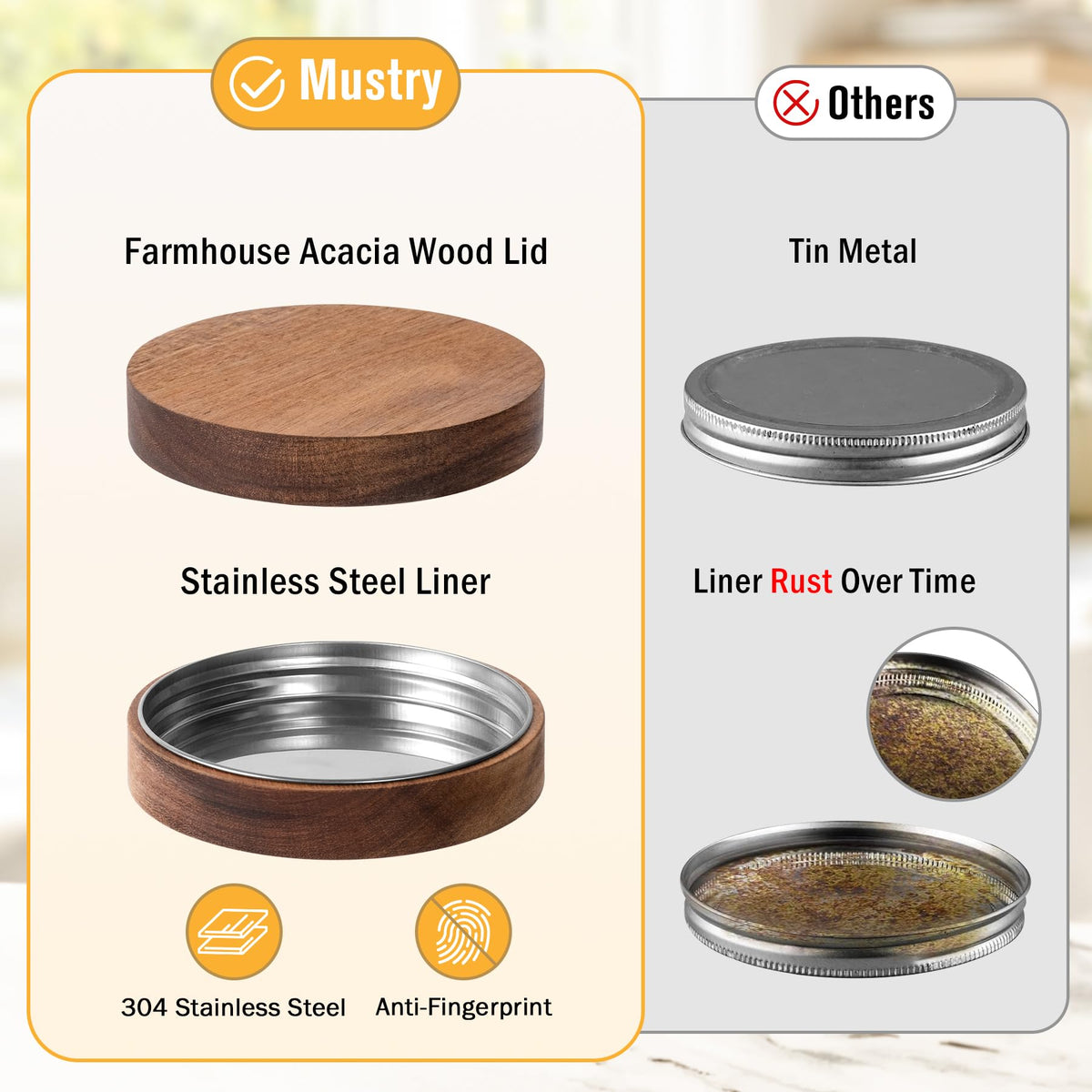 Mustry acacia lid with stainless steel liner keeps contents fresh.