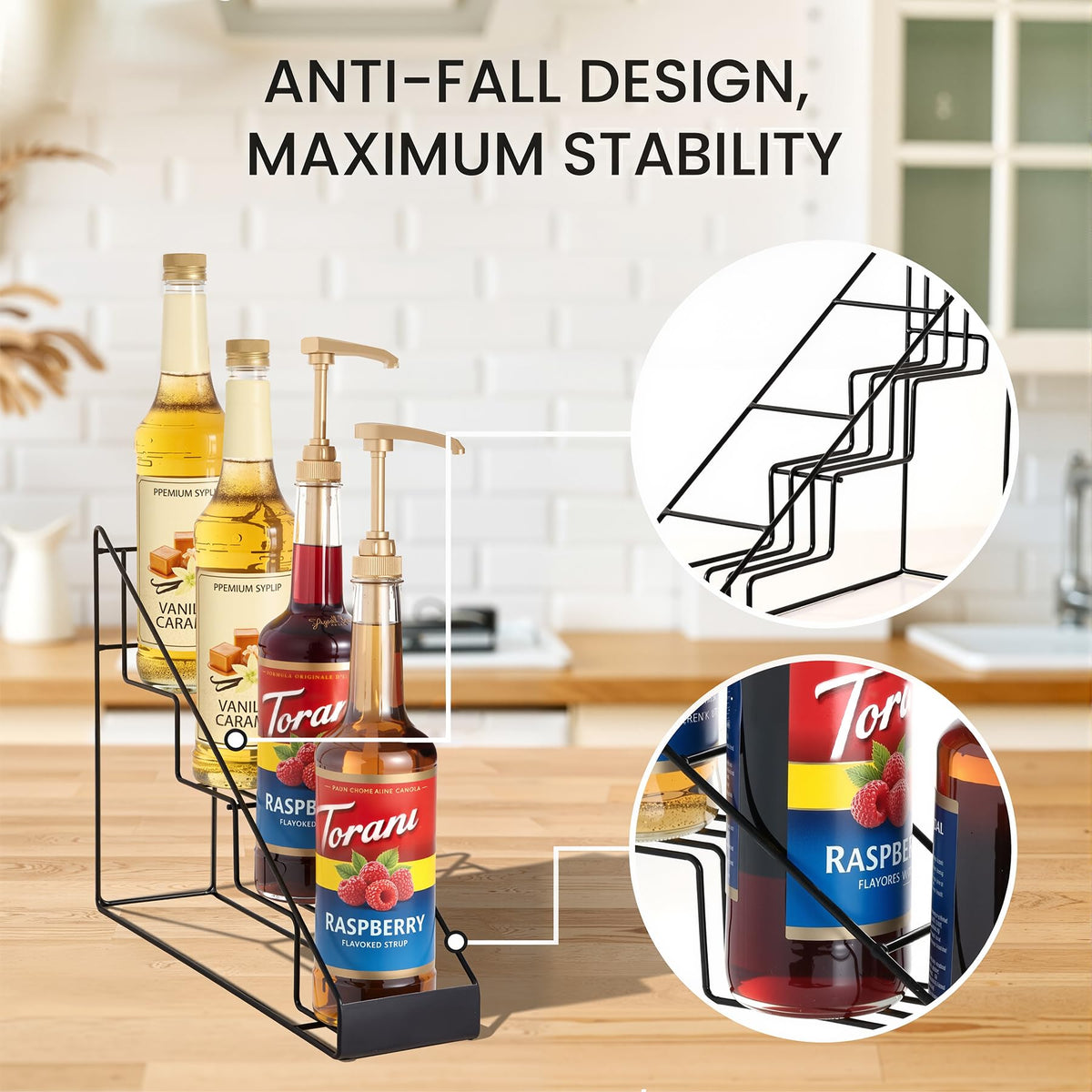 Mustry syrup rack fits Torani and Monin bottles for easy reach and visibility