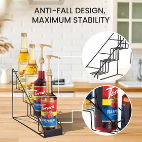 Mustry syrup rack fits Torani and Monin bottles for easy reach and visibility