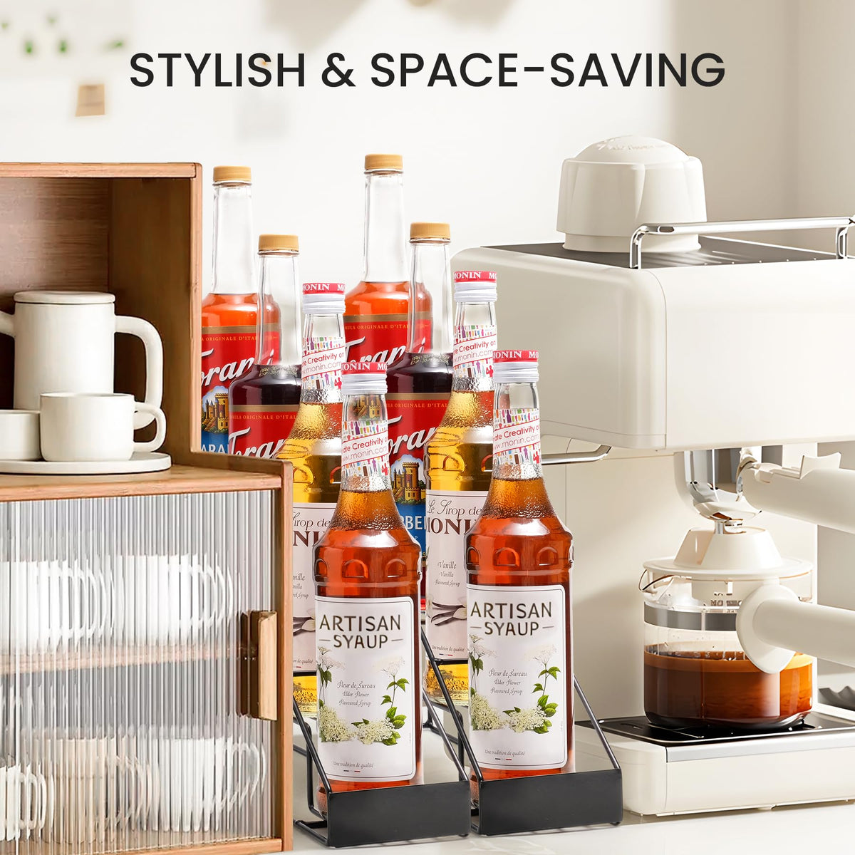 Mustry coffee syrup rack in use organizes Torani and Monin bottles on a counter