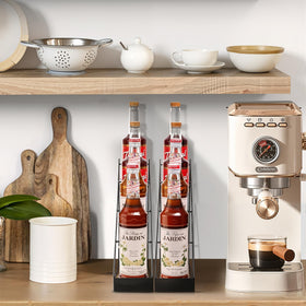 Mustry coffee syrup rack on counter saves space and keeps syrups ready for brewing