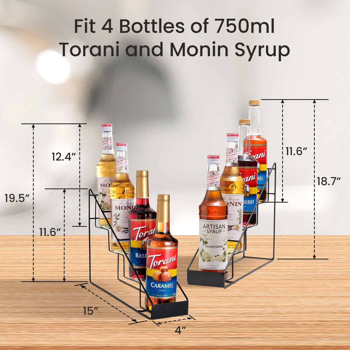Mustry syrup rack side view highlights slim profile for small countertops