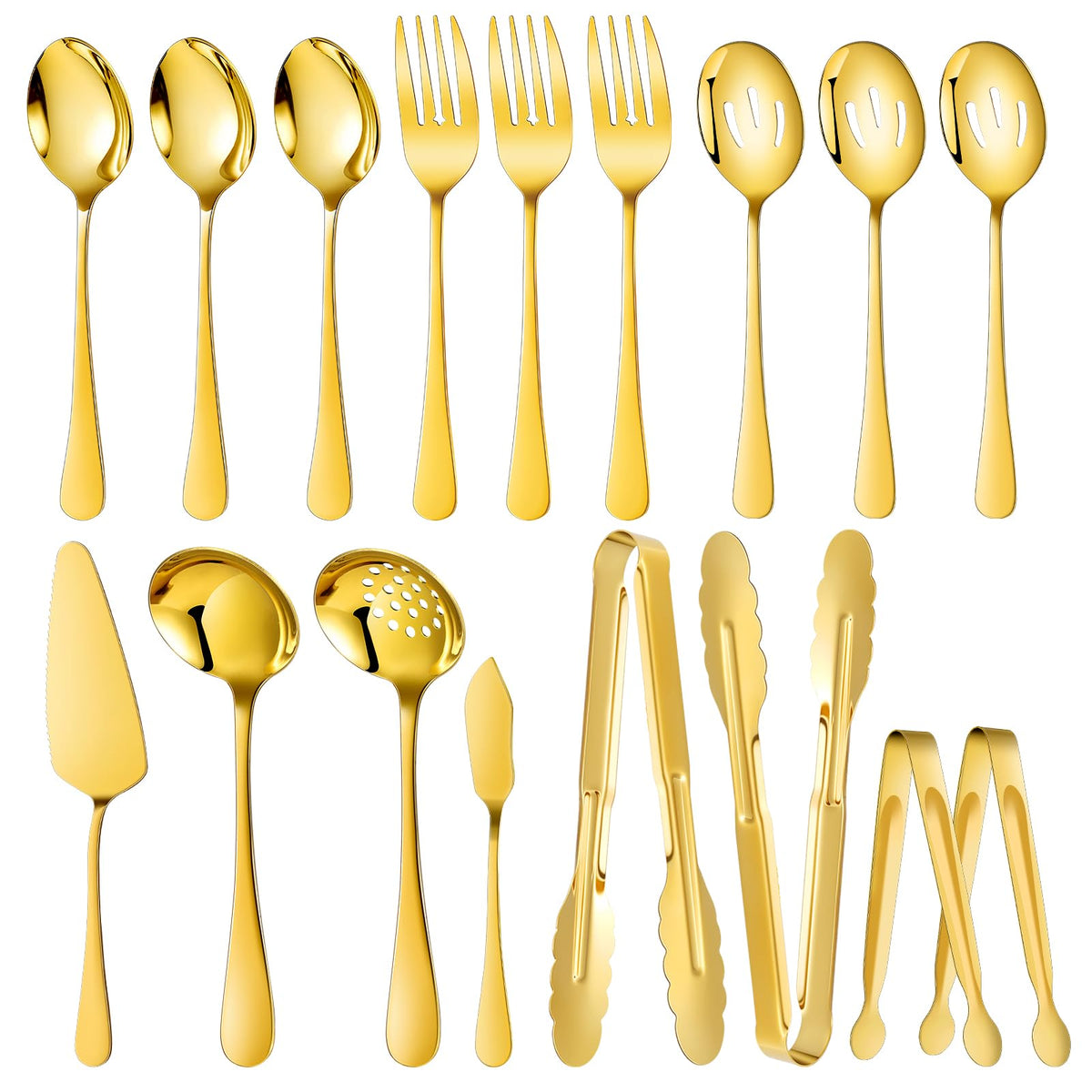 Mwellewm 17-piece gold serving set displayed for upscale buffet service.