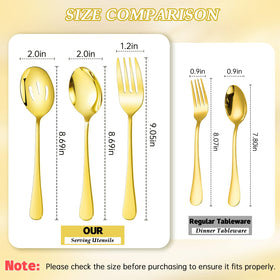 Mwellewm gold serving forks with ergonomic grip for passing dishes.