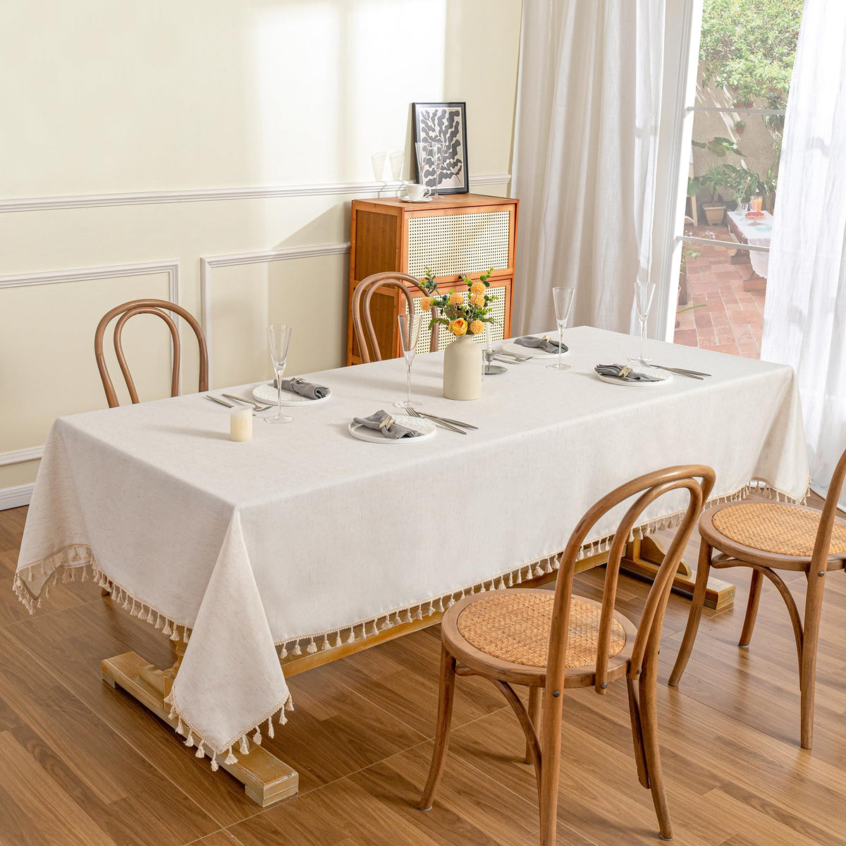 MYSKY HOME heavy-duty cotton tablecloth with tassels for a farmhouse look.