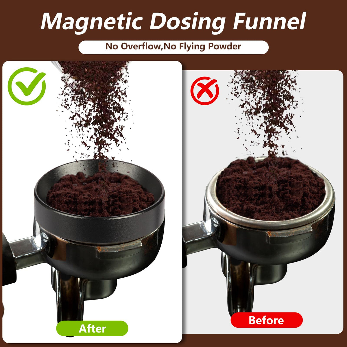 Mytdkxin 58mm dosing funnel prevents spills during grinding and dosing.