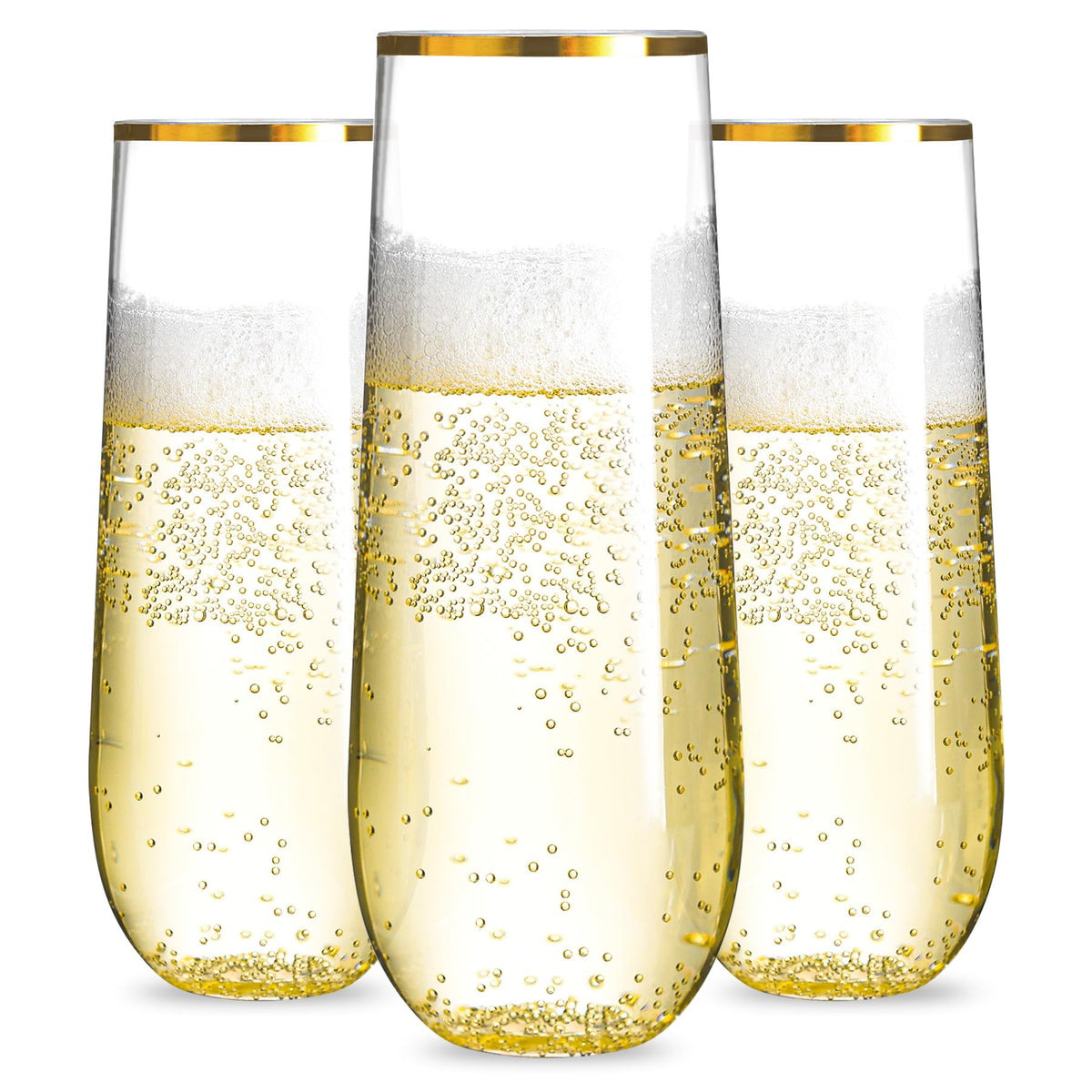 N9R 36pc plastic champagne flutes with 9 oz capacity and gold rim for elegant toasts.