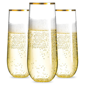 N9R 36pc plastic champagne flutes with 9 oz capacity and gold rim for elegant toasts.