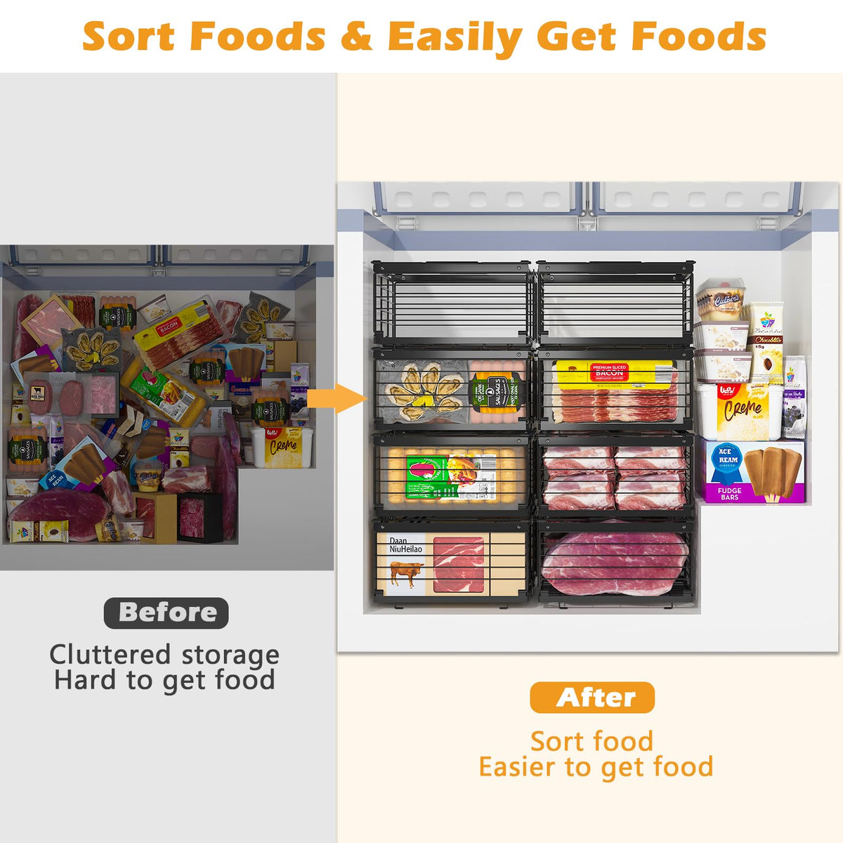 NADAMOO stackable chest freezer bin demonstrates easy access with liftable handle.