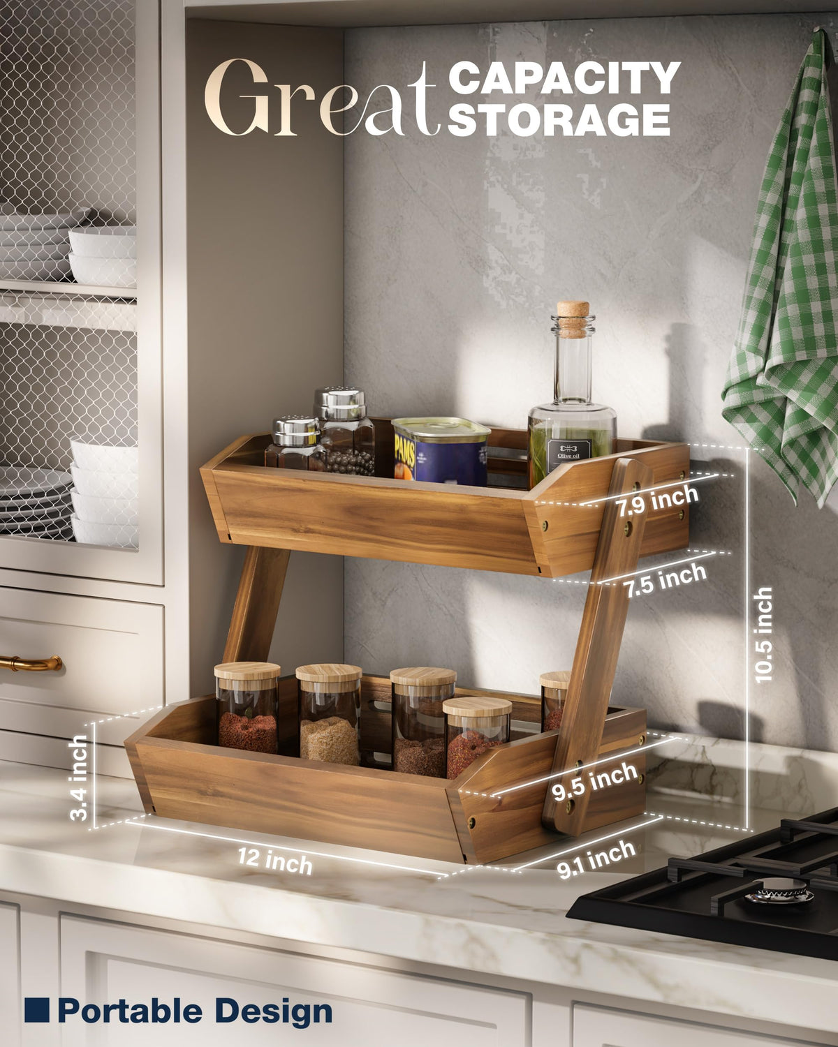 Nagawood kitchen counter display adds stylish organization for fruits and bread