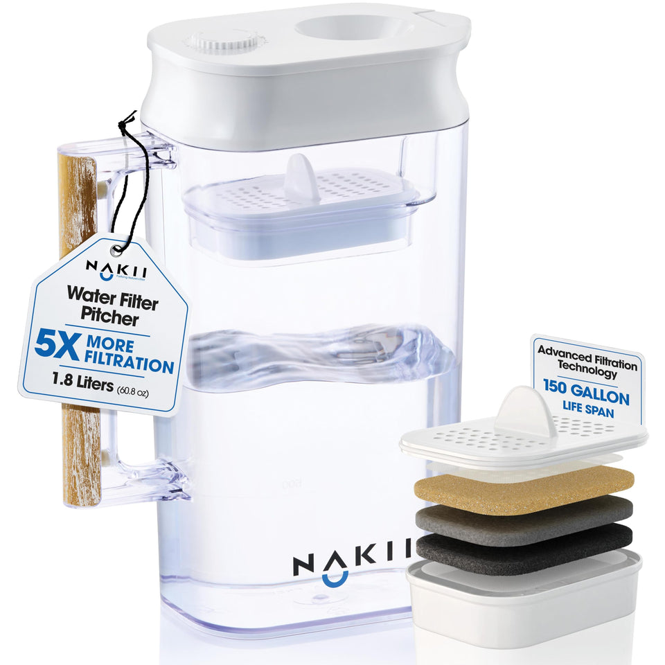 Nakii water filter pitcher viewed from front, sleek and ready to purify.